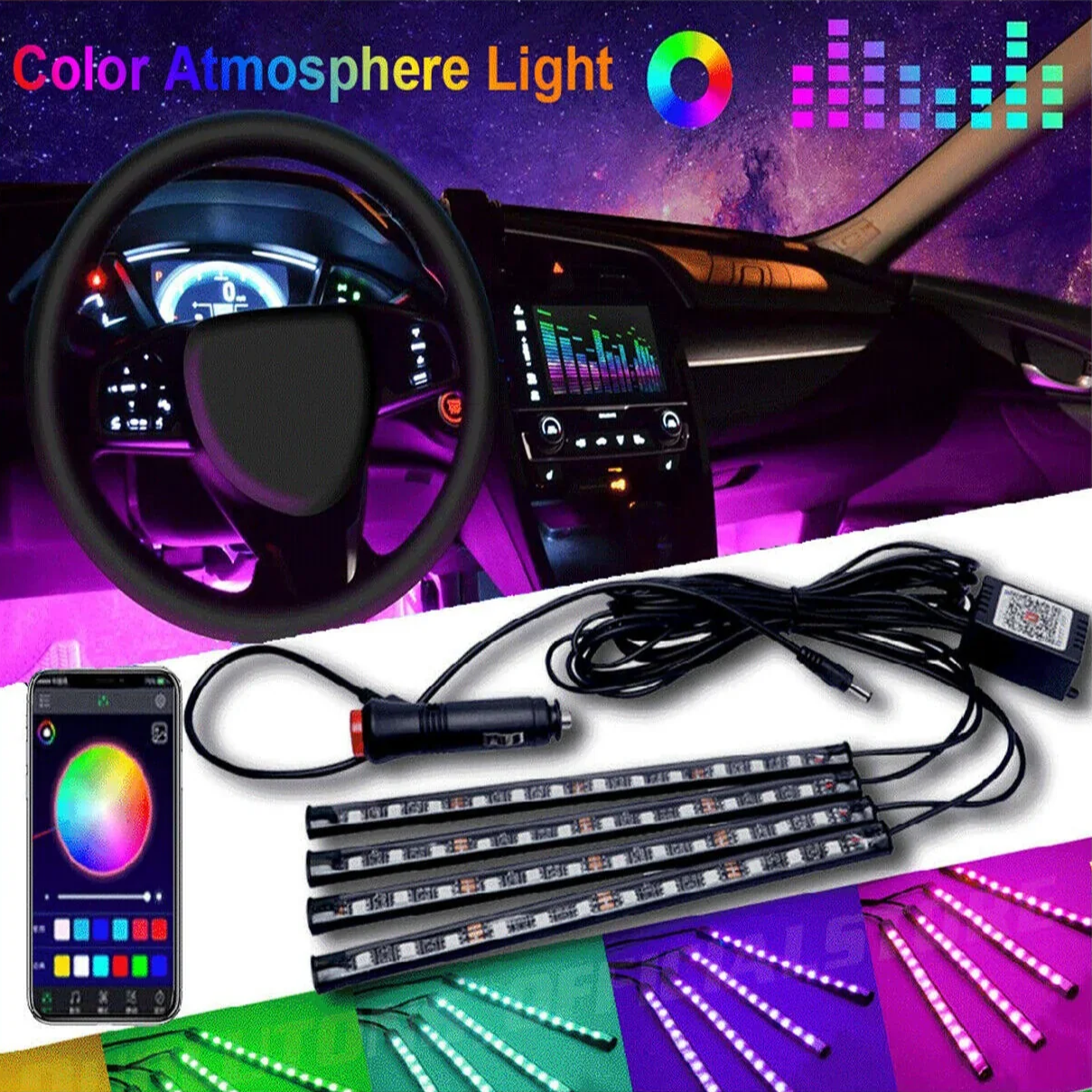 48 LED RGB Car Interior Atmosphere Light Strip Bar